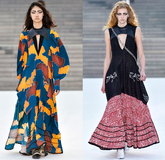 Louis Vuitton 2018 Resort Cruise Pre-Spring Womens Runway Catwalk Looks Collection Nicolas Ghesquière Miho Museum Kyoto Japan - Kabuki Japanese Asian Samurai Warrior Metallic Studs Cap Sleeves Blouse Shirt Suede Leather Knit Sweater Jumper Turtleneck Vest Waistcoat Quilted Waffle Puffer Down Jacket Stripes Blazer Jacket Boxy Coat Embroidery Adornments Decorated Bedazzled Sequins Gold Abstract Landscape Ornamental Print Decorative Art Illustration Peplum Tie Up Trees Sheer Chiffon Organza Tulle Maxi Dress Harness Leopard Cheetah Zebra Shirtdress Camouflage Shorts Leggings Lattice Pants Trousers Miniskirt Frock Gladiator Lace Up Boots Handbag Gloves Bucket Bag Minibag Baseball Cap Hat Cowgirl Chain Neckplate Armor