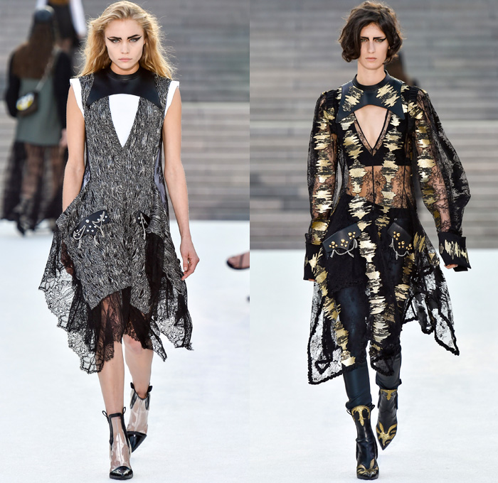 Louis Vuitton 2018 Resort Cruise Pre-Spring Womens Runway Catwalk Looks Collection Nicolas Ghesquière Miho Museum Kyoto Japan - Kabuki Japanese Asian Samurai Warrior Metallic Studs Cap Sleeves Blouse Shirt Suede Leather Knit Sweater Jumper Turtleneck Vest Waistcoat Quilted Waffle Puffer Down Jacket Stripes Blazer Jacket Boxy Coat Embroidery Adornments Decorated Bedazzled Sequins Gold Abstract Landscape Ornamental Print Decorative Art Illustration Peplum Tie Up Trees Sheer Chiffon Organza Tulle Maxi Dress Harness Leopard Cheetah Zebra Shirtdress Camouflage Shorts Leggings Lattice Pants Trousers Miniskirt Frock Gladiator Lace Up Boots Handbag Gloves Bucket Bag Minibag Baseball Cap Hat Cowgirl Chain Neckplate Armor