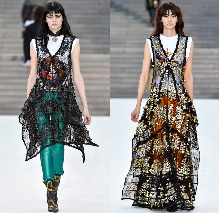 Louis Vuitton 2018 Resort Cruise Pre-Spring Womens Runway Catwalk Looks Collection Nicolas Ghesquière Miho Museum Kyoto Japan - Kabuki Japanese Asian Samurai Warrior Metallic Studs Cap Sleeves Blouse Shirt Suede Leather Knit Sweater Jumper Turtleneck Vest Waistcoat Quilted Waffle Puffer Down Jacket Stripes Blazer Jacket Boxy Coat Embroidery Adornments Decorated Bedazzled Sequins Gold Abstract Landscape Ornamental Print Decorative Art Illustration Peplum Tie Up Trees Sheer Chiffon Organza Tulle Maxi Dress Harness Leopard Cheetah Zebra Shirtdress Camouflage Shorts Leggings Lattice Pants Trousers Miniskirt Frock Gladiator Lace Up Boots Handbag Gloves Bucket Bag Minibag Baseball Cap Hat Cowgirl Chain Neckplate Armor