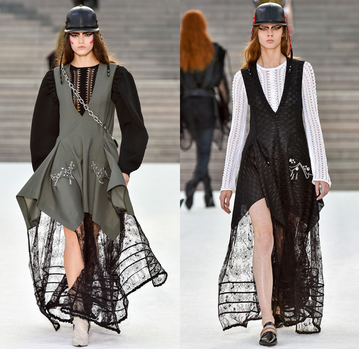 Louis Vuitton 2018 Resort Cruise Pre-Spring Womens Runway Catwalk Looks Collection Nicolas Ghesquière Miho Museum Kyoto Japan - Kabuki Japanese Asian Samurai Warrior Metallic Studs Cap Sleeves Blouse Shirt Suede Leather Knit Sweater Jumper Turtleneck Vest Waistcoat Quilted Waffle Puffer Down Jacket Stripes Blazer Jacket Boxy Coat Embroidery Adornments Decorated Bedazzled Sequins Gold Abstract Landscape Ornamental Print Decorative Art Illustration Peplum Tie Up Trees Sheer Chiffon Organza Tulle Maxi Dress Harness Leopard Cheetah Zebra Shirtdress Camouflage Shorts Leggings Lattice Pants Trousers Miniskirt Frock Gladiator Lace Up Boots Handbag Gloves Bucket Bag Minibag Baseball Cap Hat Cowgirl Chain Neckplate Armor