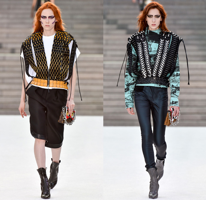 Louis Vuitton 2018 Resort Cruise Pre-Spring Womens Runway Catwalk Looks Collection Nicolas Ghesquière Miho Museum Kyoto Japan - Kabuki Japanese Asian Samurai Warrior Metallic Studs Cap Sleeves Blouse Shirt Suede Leather Knit Sweater Jumper Turtleneck Vest Waistcoat Quilted Waffle Puffer Down Jacket Stripes Blazer Jacket Boxy Coat Embroidery Adornments Decorated Bedazzled Sequins Gold Abstract Landscape Ornamental Print Decorative Art Illustration Peplum Tie Up Trees Sheer Chiffon Organza Tulle Maxi Dress Harness Leopard Cheetah Zebra Shirtdress Camouflage Shorts Leggings Lattice Pants Trousers Miniskirt Frock Gladiator Lace Up Boots Handbag Gloves Bucket Bag Minibag Baseball Cap Hat Cowgirl Chain Neckplate Armor