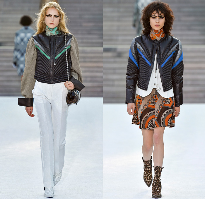 Louis Vuitton 2018 Resort Cruise Pre-Spring Womens Runway Catwalk Looks Collection Nicolas Ghesquière Miho Museum Kyoto Japan - Kabuki Japanese Asian Samurai Warrior Metallic Studs Cap Sleeves Blouse Shirt Suede Leather Knit Sweater Jumper Turtleneck Vest Waistcoat Quilted Waffle Puffer Down Jacket Stripes Blazer Jacket Boxy Coat Embroidery Adornments Decorated Bedazzled Sequins Gold Abstract Landscape Ornamental Print Decorative Art Illustration Peplum Tie Up Trees Sheer Chiffon Organza Tulle Maxi Dress Harness Leopard Cheetah Zebra Shirtdress Camouflage Shorts Leggings Lattice Pants Trousers Miniskirt Frock Gladiator Lace Up Boots Handbag Gloves Bucket Bag Minibag Baseball Cap Hat Cowgirl Chain Neckplate Armor