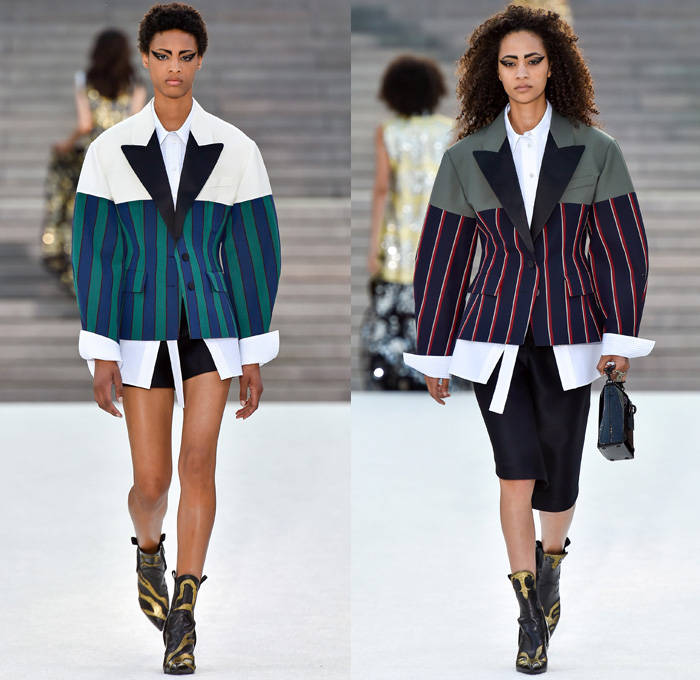 Louis Vuitton 2018 Resort Cruise Pre-Spring Womens Runway Catwalk Looks Collection Nicolas Ghesquière Miho Museum Kyoto Japan - Kabuki Japanese Asian Samurai Warrior Metallic Studs Cap Sleeves Blouse Shirt Suede Leather Knit Sweater Jumper Turtleneck Vest Waistcoat Quilted Waffle Puffer Down Jacket Stripes Blazer Jacket Boxy Coat Embroidery Adornments Decorated Bedazzled Sequins Gold Abstract Landscape Ornamental Print Decorative Art Illustration Peplum Tie Up Trees Sheer Chiffon Organza Tulle Maxi Dress Harness Leopard Cheetah Zebra Shirtdress Camouflage Shorts Leggings Lattice Pants Trousers Miniskirt Frock Gladiator Lace Up Boots Handbag Gloves Bucket Bag Minibag Baseball Cap Hat Cowgirl Chain Neckplate Armor