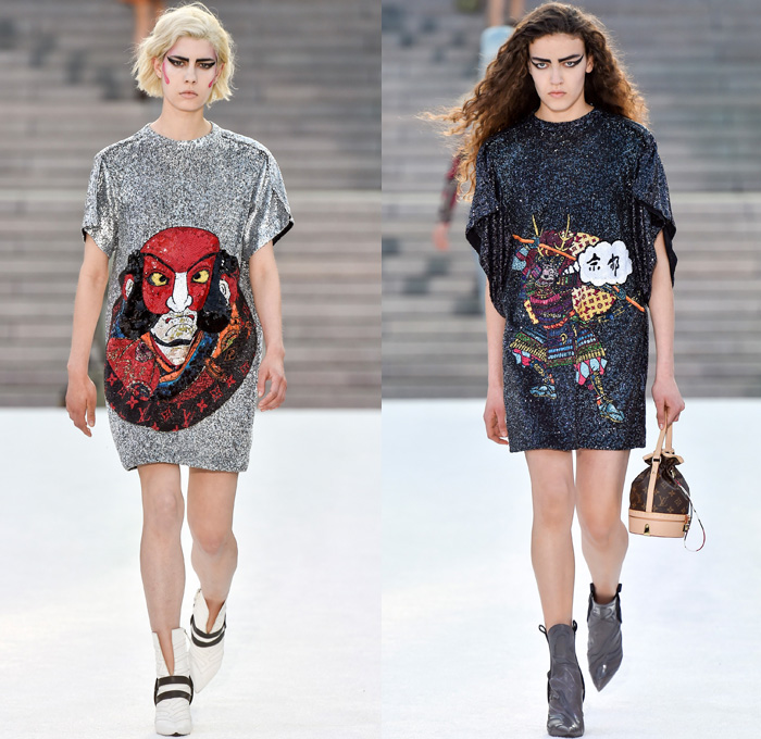 Louis Vuitton 2018 Resort Cruise Pre-Spring Womens Runway Catwalk Looks Collection Nicolas Ghesquière Miho Museum Kyoto Japan - Kabuki Japanese Asian Samurai Warrior Metallic Studs Cap Sleeves Blouse Shirt Suede Leather Knit Sweater Jumper Turtleneck Vest Waistcoat Quilted Waffle Puffer Down Jacket Stripes Blazer Jacket Boxy Coat Embroidery Adornments Decorated Bedazzled Sequins Gold Abstract Landscape Ornamental Print Decorative Art Illustration Peplum Tie Up Trees Sheer Chiffon Organza Tulle Maxi Dress Harness Leopard Cheetah Zebra Shirtdress Camouflage Shorts Leggings Lattice Pants Trousers Miniskirt Frock Gladiator Lace Up Boots Handbag Gloves Bucket Bag Minibag Baseball Cap Hat Cowgirl Chain Neckplate Armor