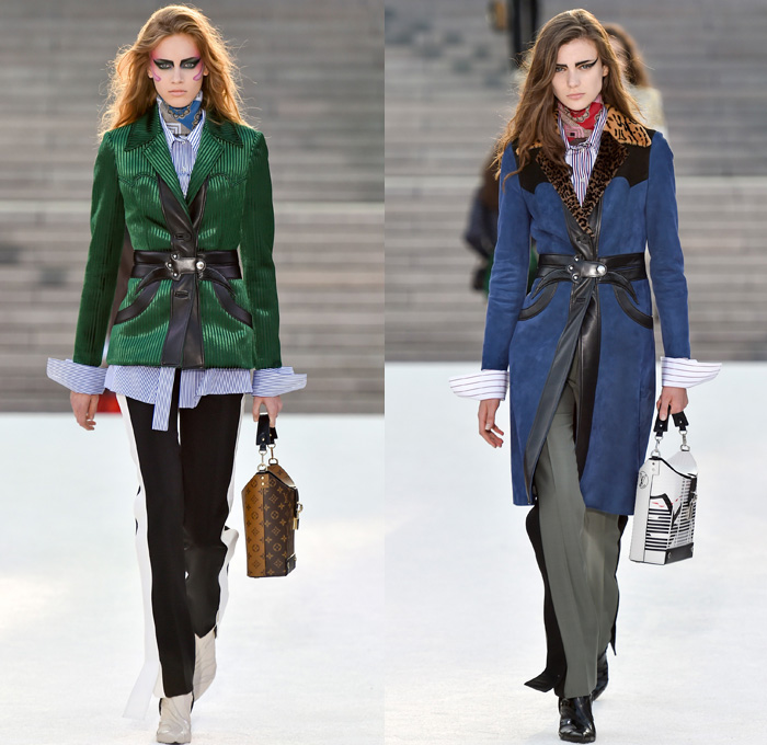 Louis Vuitton 2018 Resort Cruise Pre-Spring Womens Runway Catwalk Looks Collection Nicolas Ghesquière Miho Museum Kyoto Japan - Kabuki Japanese Asian Samurai Warrior Metallic Studs Cap Sleeves Blouse Shirt Suede Leather Knit Sweater Jumper Turtleneck Vest Waistcoat Quilted Waffle Puffer Down Jacket Stripes Blazer Jacket Boxy Coat Embroidery Adornments Decorated Bedazzled Sequins Gold Abstract Landscape Ornamental Print Decorative Art Illustration Peplum Tie Up Trees Sheer Chiffon Organza Tulle Maxi Dress Harness Leopard Cheetah Zebra Shirtdress Camouflage Shorts Leggings Lattice Pants Trousers Miniskirt Frock Gladiator Lace Up Boots Handbag Gloves Bucket Bag Minibag Baseball Cap Hat Cowgirl Chain Neckplate Armor