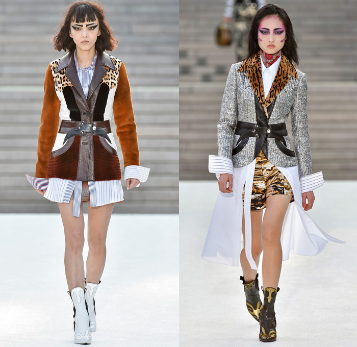 Louis Vuitton 2018 Resort Cruise Pre-Spring Womens Runway Catwalk Looks Collection Nicolas Ghesquière Miho Museum Kyoto Japan - Kabuki Japanese Asian Samurai Warrior Metallic Studs Cap Sleeves Blouse Shirt Suede Leather Knit Sweater Jumper Turtleneck Vest Waistcoat Quilted Waffle Puffer Down Jacket Stripes Blazer Jacket Boxy Coat Embroidery Adornments Decorated Bedazzled Sequins Gold Abstract Landscape Ornamental Print Decorative Art Illustration Peplum Tie Up Trees Sheer Chiffon Organza Tulle Maxi Dress Harness Leopard Cheetah Zebra Shirtdress Camouflage Shorts Leggings Lattice Pants Trousers Miniskirt Frock Gladiator Lace Up Boots Handbag Gloves Bucket Bag Minibag Baseball Cap Hat Cowgirl Chain Neckplate Armor