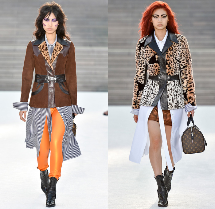 Louis Vuitton 2018 Resort Cruise Pre-Spring Womens Runway Catwalk Looks Collection Nicolas Ghesquière Miho Museum Kyoto Japan - Kabuki Japanese Asian Samurai Warrior Metallic Studs Cap Sleeves Blouse Shirt Suede Leather Knit Sweater Jumper Turtleneck Vest Waistcoat Quilted Waffle Puffer Down Jacket Stripes Blazer Jacket Boxy Coat Embroidery Adornments Decorated Bedazzled Sequins Gold Abstract Landscape Ornamental Print Decorative Art Illustration Peplum Tie Up Trees Sheer Chiffon Organza Tulle Maxi Dress Harness Leopard Cheetah Zebra Shirtdress Camouflage Shorts Leggings Lattice Pants Trousers Miniskirt Frock Gladiator Lace Up Boots Handbag Gloves Bucket Bag Minibag Baseball Cap Hat Cowgirl Chain Neckplate Armor