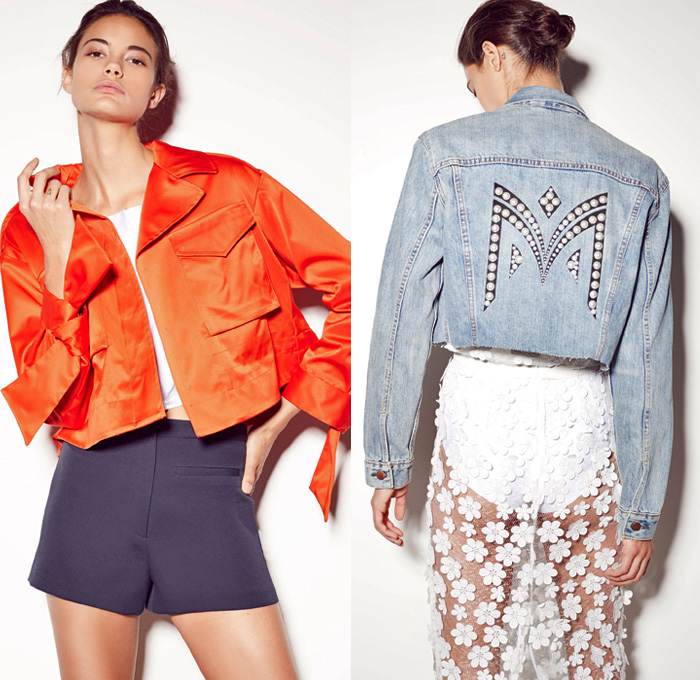 Milly by Michelle Smith 2018 Resort Cruise Pre-Spring Womens Lookbook Presentation - Denim Jacket Mom Jeans Outerwear Tuxedo Stripe Satin Silk Tie Up Cuffs Lace Embroidery Needlework Mesh Flowers Floral Motif Nautical Sailor Stripes Crop Top Midriff Ruffles Flounce Bustier Long Sleeve Blouse Shirt Cutout Shoulders Straps Accordion Pleats Unitard Leotard One Shoulder Dress Onesie Jumpsuit Coveralls Bib Brace Dungarees Shorts Miniskirt Skirt Frock Paper Bag Waist Wide Leg Trousers Palazzo Pants Fanny Pack Waist Pouch Belt Bag