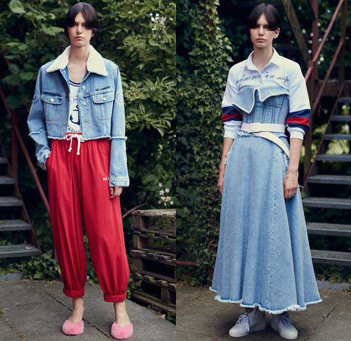 Natasha Zinko 2018 Resort Cruise Pre-Spring Womens Lookbook Presentation - Nautical Sailor Marinière Anchor Stripes Parka Robe Knit Crochet Mesh Perforated Holes Bow Ribbon Knot Shoulder Straps Picnic Check Plaid Shaggy Plush Fur Shearling Long Sleeve Blouse Shirt Maxi Dress Lantern Balloon Leg O'Mutton Sleeves Cutout Waist Embroidery Adornments Decorated Bedazzled Sequins Accordion Pleats Polka Dots Sheer Chiffon Tulle Strapless Open Shoulders Shirtdress Denim Jeans Frayed Raw Hem Destroyed Destructed Outerwear Trucker Jacket Peel Away Corset Handbag Box Tissue Bag Slippers Gladiator Pumps Sneakers Wide Brim Hat