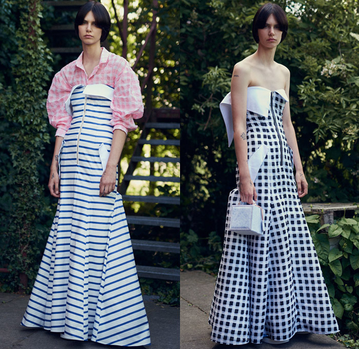 Natasha Zinko 2018 Resort Cruise Pre-Spring Womens Lookbook Presentation - Nautical Sailor Marinière Anchor Stripes Parka Robe Knit Crochet Mesh Perforated Holes Bow Ribbon Knot Shoulder Straps Picnic Check Plaid Shaggy Plush Fur Shearling Long Sleeve Blouse Shirt Maxi Dress Lantern Balloon Leg O'Mutton Sleeves Cutout Waist Embroidery Adornments Decorated Bedazzled Sequins Accordion Pleats Polka Dots Sheer Chiffon Tulle Strapless Open Shoulders Shirtdress Denim Jeans Frayed Raw Hem Destroyed Destructed Outerwear Trucker Jacket Peel Away Corset Handbag Box Tissue Bag Slippers Gladiator Pumps Sneakers Wide Brim Hat