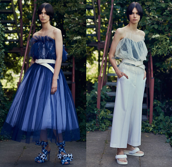 Natasha Zinko 2018 Resort Cruise Pre-Spring Womens Lookbook Presentation - Nautical Sailor Marinière Anchor Stripes Parka Robe Knit Crochet Mesh Perforated Holes Bow Ribbon Knot Shoulder Straps Picnic Check Plaid Shaggy Plush Fur Shearling Long Sleeve Blouse Shirt Maxi Dress Lantern Balloon Leg O'Mutton Sleeves Cutout Waist Embroidery Adornments Decorated Bedazzled Sequins Accordion Pleats Polka Dots Sheer Chiffon Tulle Strapless Open Shoulders Shirtdress Denim Jeans Frayed Raw Hem Destroyed Destructed Outerwear Trucker Jacket Peel Away Corset Handbag Box Tissue Bag Slippers Gladiator Pumps Sneakers Wide Brim Hat