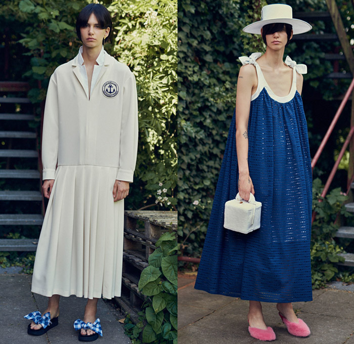 Natasha Zinko 2018 Resort Cruise Pre-Spring Womens Lookbook Presentation - Nautical Sailor Marinière Anchor Stripes Parka Robe Knit Crochet Mesh Perforated Holes Bow Ribbon Knot Shoulder Straps Picnic Check Plaid Shaggy Plush Fur Shearling Long Sleeve Blouse Shirt Maxi Dress Lantern Balloon Leg O'Mutton Sleeves Cutout Waist Embroidery Adornments Decorated Bedazzled Sequins Accordion Pleats Polka Dots Sheer Chiffon Tulle Strapless Open Shoulders Shirtdress Denim Jeans Frayed Raw Hem Destroyed Destructed Outerwear Trucker Jacket Peel Away Corset Handbag Box Tissue Bag Slippers Gladiator Pumps Sneakers Wide Brim Hat