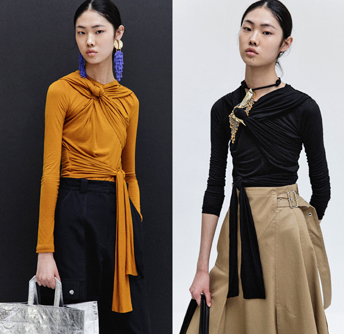 3.1 Phillip Lim 2018 Resort Cruise Pre-Spring Womens Lookbook Presentation - Outerwear Trench Vest Pantsuit Parka Anorak Hood Rainwear Poncho Tie Up Waist Rope Cable Knot Twist Leg O'Mutton Sleeves Straps Grosgrain PVC Pleather Cinch Pleats Swirls Ruffles Embroidery Adornments Decorated Stripes Sheer Chiffon Organza Plaid Tartan Check Flowers Floral Print Perforated Hole Chunky Knit Sweater Jumper Ribbed Blouse Long Sleeve Shirt Bell Sleeves Sleeveless Tiered Layers Shirtdress Strapped Hem Trousers Skirt Frock Jogger Sweatpants Asymmetrical Maxi Dress Leggings Cargo Pockets Tote Earrings Handbag Metallic Silver Pin Boots Zipper Sandals Grommet Stitch