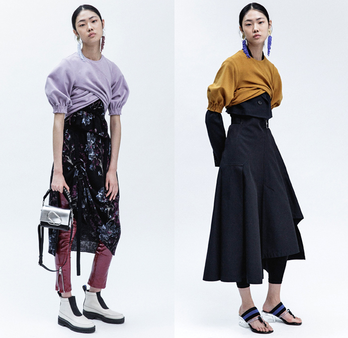 3.1 Phillip Lim 2018 Resort Cruise Pre-Spring Womens Lookbook Presentation - Outerwear Trench Vest Pantsuit Parka Anorak Hood Rainwear Poncho Tie Up Waist Rope Cable Knot Twist Leg O'Mutton Sleeves Straps Grosgrain PVC Pleather Cinch Pleats Swirls Ruffles Embroidery Adornments Decorated Stripes Sheer Chiffon Organza Plaid Tartan Check Flowers Floral Print Perforated Hole Chunky Knit Sweater Jumper Ribbed Blouse Long Sleeve Shirt Bell Sleeves Sleeveless Tiered Layers Shirtdress Strapped Hem Trousers Skirt Frock Jogger Sweatpants Asymmetrical Maxi Dress Leggings Cargo Pockets Tote Earrings Handbag Metallic Silver Pin Boots Zipper Sandals Grommet Stitch