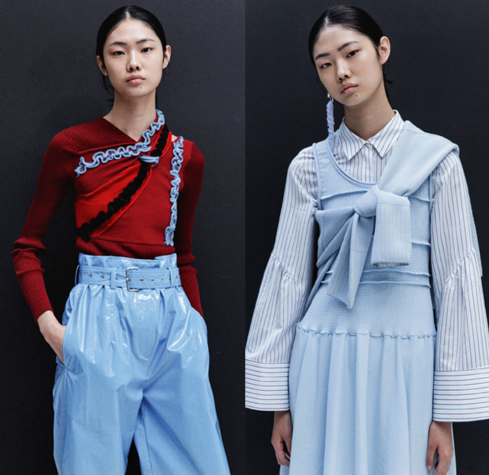 3.1 Phillip Lim 2018 Resort Cruise Pre-Spring Womens Lookbook Presentation - Outerwear Trench Vest Pantsuit Parka Anorak Hood Rainwear Poncho Tie Up Waist Rope Cable Knot Twist Leg O'Mutton Sleeves Straps Grosgrain PVC Pleather Cinch Pleats Swirls Ruffles Embroidery Adornments Decorated Stripes Sheer Chiffon Organza Plaid Tartan Check Flowers Floral Print Perforated Hole Chunky Knit Sweater Jumper Ribbed Blouse Long Sleeve Shirt Bell Sleeves Sleeveless Tiered Layers Shirtdress Strapped Hem Trousers Skirt Frock Jogger Sweatpants Asymmetrical Maxi Dress Leggings Cargo Pockets Tote Earrings Handbag Metallic Silver Pin Boots Zipper Sandals Grommet Stitch