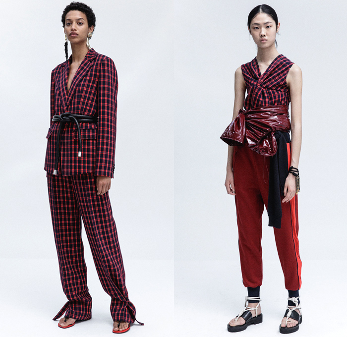 3.1 Phillip Lim 2018 Resort Cruise Pre-Spring Womens Lookbook Presentation - Outerwear Trench Vest Pantsuit Parka Anorak Hood Rainwear Poncho Tie Up Waist Rope Cable Knot Twist Leg O'Mutton Sleeves Straps Grosgrain PVC Pleather Cinch Pleats Swirls Ruffles Embroidery Adornments Decorated Stripes Sheer Chiffon Organza Plaid Tartan Check Flowers Floral Print Perforated Hole Chunky Knit Sweater Jumper Ribbed Blouse Long Sleeve Shirt Bell Sleeves Sleeveless Tiered Layers Shirtdress Strapped Hem Trousers Skirt Frock Jogger Sweatpants Asymmetrical Maxi Dress Leggings Cargo Pockets Tote Earrings Handbag Metallic Silver Pin Boots Zipper Sandals Grommet Stitch