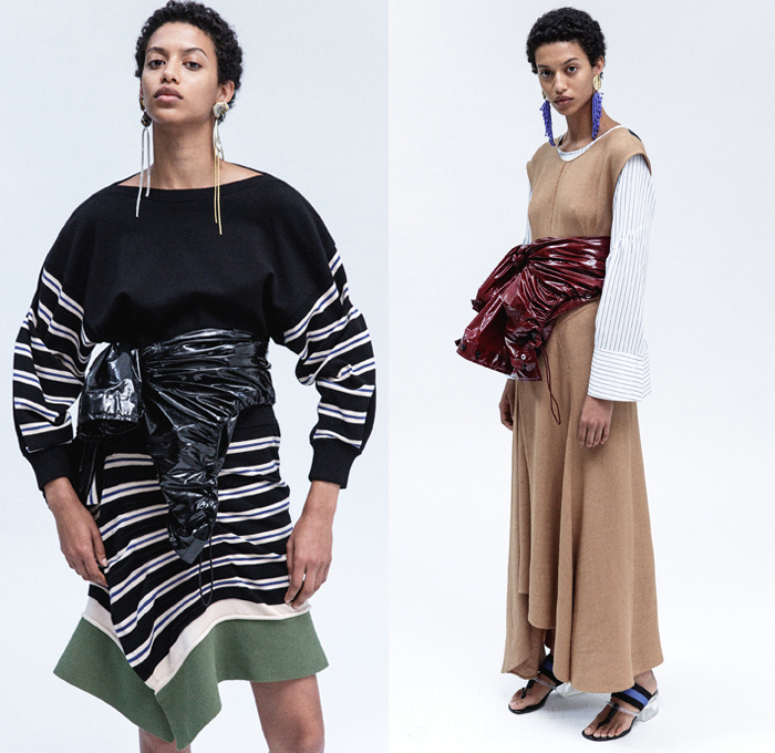 3.1 Phillip Lim 2018 Resort Cruise Pre-Spring Womens Lookbook Presentation - Outerwear Trench Vest Pantsuit Parka Anorak Hood Rainwear Poncho Tie Up Waist Rope Cable Knot Twist Leg O'Mutton Sleeves Straps Grosgrain PVC Pleather Cinch Pleats Swirls Ruffles Embroidery Adornments Decorated Stripes Sheer Chiffon Organza Plaid Tartan Check Flowers Floral Print Perforated Hole Chunky Knit Sweater Jumper Ribbed Blouse Long Sleeve Shirt Bell Sleeves Sleeveless Tiered Layers Shirtdress Strapped Hem Trousers Skirt Frock Jogger Sweatpants Asymmetrical Maxi Dress Leggings Cargo Pockets Tote Earrings Handbag Metallic Silver Pin Boots Zipper Sandals Grommet Stitch