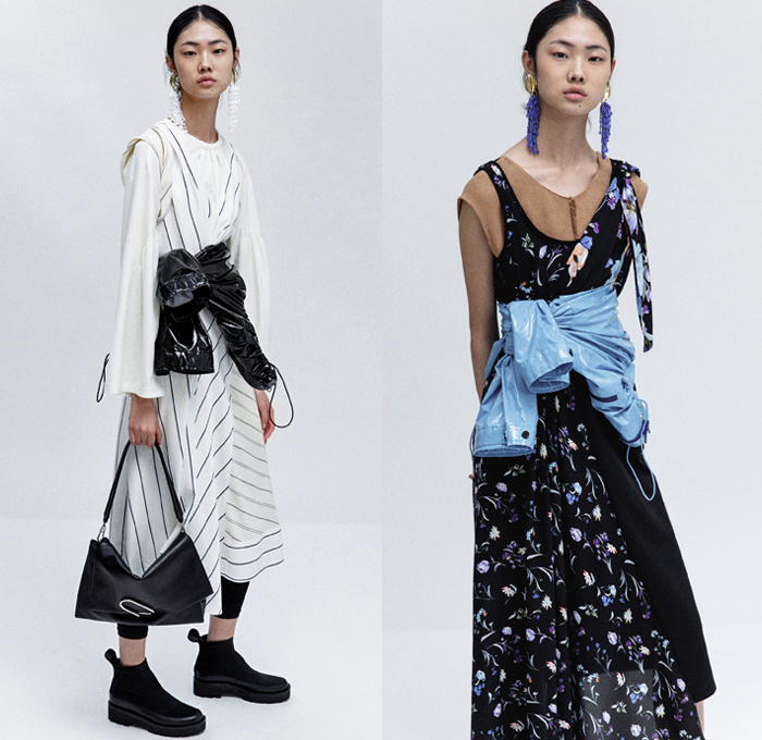 3.1 Phillip Lim 2018 Resort Cruise Pre-Spring Womens Lookbook Presentation - Outerwear Trench Vest Pantsuit Parka Anorak Hood Rainwear Poncho Tie Up Waist Rope Cable Knot Twist Leg O'Mutton Sleeves Straps Grosgrain PVC Pleather Cinch Pleats Swirls Ruffles Embroidery Adornments Decorated Stripes Sheer Chiffon Organza Plaid Tartan Check Flowers Floral Print Perforated Hole Chunky Knit Sweater Jumper Ribbed Blouse Long Sleeve Shirt Bell Sleeves Sleeveless Tiered Layers Shirtdress Strapped Hem Trousers Skirt Frock Jogger Sweatpants Asymmetrical Maxi Dress Leggings Cargo Pockets Tote Earrings Handbag Metallic Silver Pin Boots Zipper Sandals Grommet Stitch