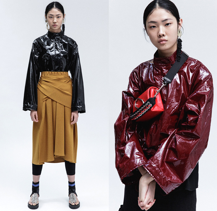 3.1 Phillip Lim 2018 Resort Cruise Pre-Spring Womens Lookbook Presentation - Outerwear Trench Vest Pantsuit Parka Anorak Hood Rainwear Poncho Tie Up Waist Rope Cable Knot Twist Leg O'Mutton Sleeves Straps Grosgrain PVC Pleather Cinch Pleats Swirls Ruffles Embroidery Adornments Decorated Stripes Sheer Chiffon Organza Plaid Tartan Check Flowers Floral Print Perforated Hole Chunky Knit Sweater Jumper Ribbed Blouse Long Sleeve Shirt Bell Sleeves Sleeveless Tiered Layers Shirtdress Strapped Hem Trousers Skirt Frock Jogger Sweatpants Asymmetrical Maxi Dress Leggings Cargo Pockets Tote Earrings Handbag Metallic Silver Pin Boots Zipper Sandals Grommet Stitch