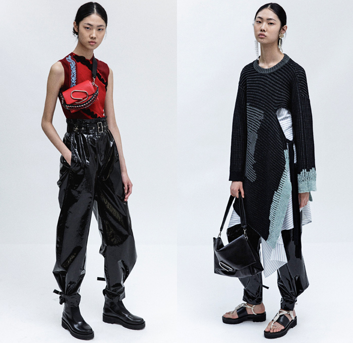 3.1 Phillip Lim 2018 Resort Cruise Pre-Spring Womens Lookbook Presentation - Outerwear Trench Vest Pantsuit Parka Anorak Hood Rainwear Poncho Tie Up Waist Rope Cable Knot Twist Leg O'Mutton Sleeves Straps Grosgrain PVC Pleather Cinch Pleats Swirls Ruffles Embroidery Adornments Decorated Stripes Sheer Chiffon Organza Plaid Tartan Check Flowers Floral Print Perforated Hole Chunky Knit Sweater Jumper Ribbed Blouse Long Sleeve Shirt Bell Sleeves Sleeveless Tiered Layers Shirtdress Strapped Hem Trousers Skirt Frock Jogger Sweatpants Asymmetrical Maxi Dress Leggings Cargo Pockets Tote Earrings Handbag Metallic Silver Pin Boots Zipper Sandals Grommet Stitch