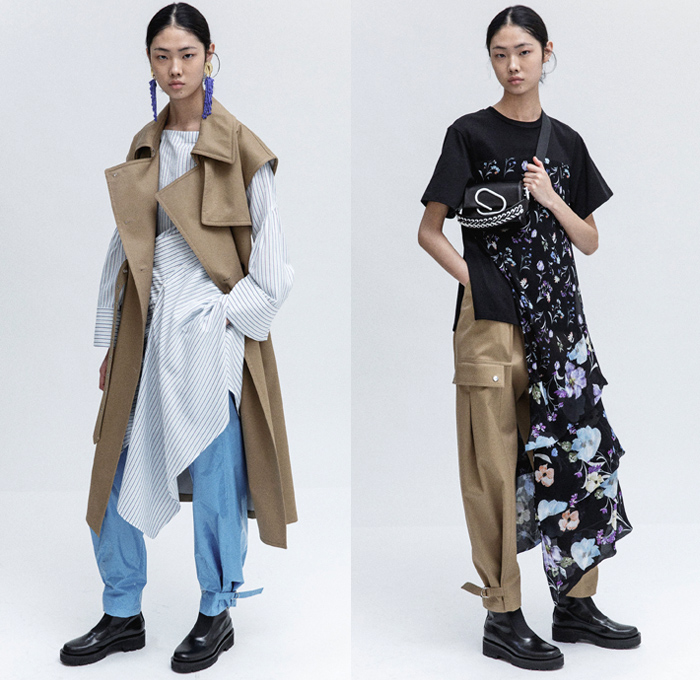 3.1 Phillip Lim 2018 Resort Cruise Pre-Spring Womens Lookbook Presentation - Outerwear Trench Vest Pantsuit Parka Anorak Hood Rainwear Poncho Tie Up Waist Rope Cable Knot Twist Leg O'Mutton Sleeves Straps Grosgrain PVC Pleather Cinch Pleats Swirls Ruffles Embroidery Adornments Decorated Stripes Sheer Chiffon Organza Plaid Tartan Check Flowers Floral Print Perforated Hole Chunky Knit Sweater Jumper Ribbed Blouse Long Sleeve Shirt Bell Sleeves Sleeveless Tiered Layers Shirtdress Strapped Hem Trousers Skirt Frock Jogger Sweatpants Asymmetrical Maxi Dress Leggings Cargo Pockets Tote Earrings Handbag Metallic Silver Pin Boots Zipper Sandals Grommet Stitch