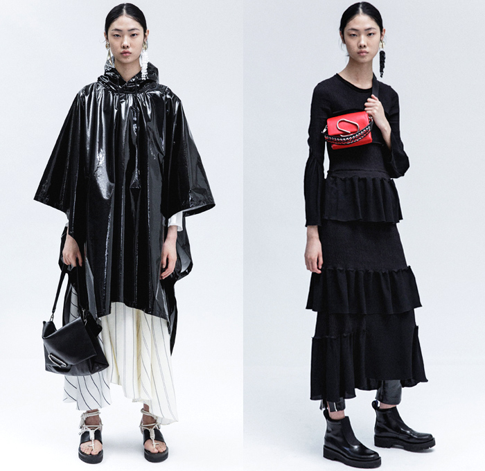 3.1 Phillip Lim 2018 Resort Cruise Pre-Spring Womens Lookbook Presentation - Outerwear Trench Vest Pantsuit Parka Anorak Hood Rainwear Poncho Tie Up Waist Rope Cable Knot Twist Leg O'Mutton Sleeves Straps Grosgrain PVC Pleather Cinch Pleats Swirls Ruffles Embroidery Adornments Decorated Stripes Sheer Chiffon Organza Plaid Tartan Check Flowers Floral Print Perforated Hole Chunky Knit Sweater Jumper Ribbed Blouse Long Sleeve Shirt Bell Sleeves Sleeveless Tiered Layers Shirtdress Strapped Hem Trousers Skirt Frock Jogger Sweatpants Asymmetrical Maxi Dress Leggings Cargo Pockets Tote Earrings Handbag Metallic Silver Pin Boots Zipper Sandals Grommet Stitch