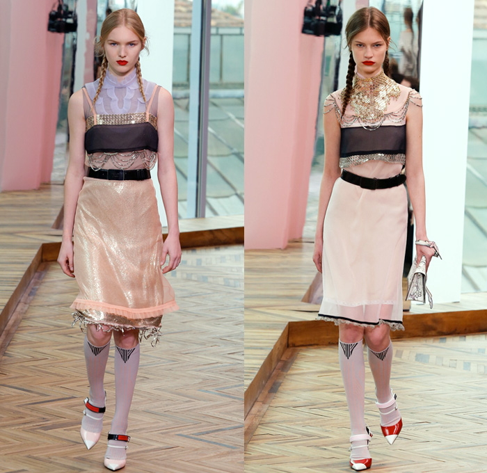 Prada 2018 Resort Cruise Pre-Spring Womens Runway Catwalk Looks Collection - Suspended Ensemble Osservatorio Volumized Cinched Sportswear High Street Pastels Art Deco Speakeasy Feathers Outerwear Coat Jacketdress Open Shoulders Wool Low Neckline Deconstructed Strap Leg-O-Mutton Sleeves Sheer Chiffon Tulle Voile Strapless Rabbits Bunnies Embroidery Embellishments Bedazzled Sequins Bejeweled Ornaments Metallic Hardware Turtleneck Mesh Chainlink Blouse Ruffles Miniskirt Pencil Skirt Peplum Shirtdress Jogger Sweatpants Sleepwear Pajamas Lounge Knee High Socks Heels Minibag Purse Clutch Pointed Shoes Necklace