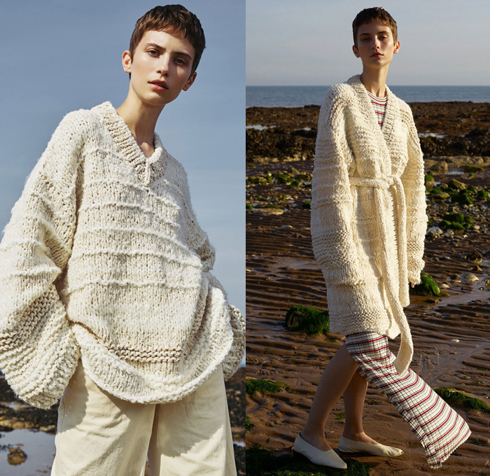 Pringle of Scotland 2018 Resort Cruise Pre-Spring Womens Lookbook Presentation - Rainwear Parka Plastic Hood Robe Coat Outerwear Turtleneck 1960s Sixties Mod Oversized Chunky Crochet Weave Knit Sweater Jumper Solid Primary Colors Flowers Floral Botanical Print Graphic Stripes Long Back Tie Up Knot Maxi Dress Asymmetrical Hem Accordion Pleats Skirt Frock Jogger Sweatpants Ballet Flats Shoes