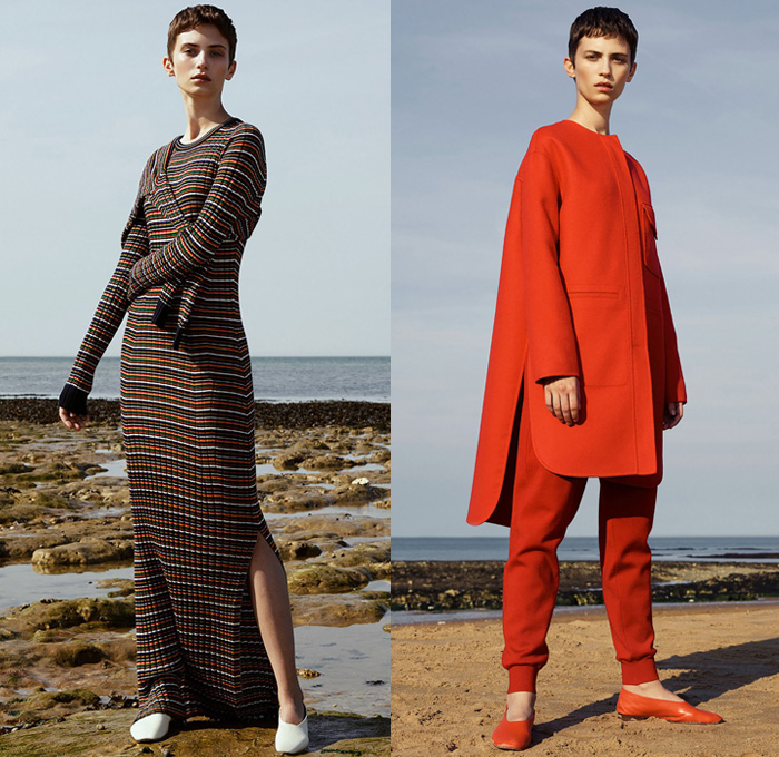 Pringle of Scotland 2018 Resort Cruise Pre-Spring Womens Lookbook Presentation - Rainwear Parka Plastic Hood Robe Coat Outerwear Turtleneck 1960s Sixties Mod Oversized Chunky Crochet Weave Knit Sweater Jumper Solid Primary Colors Flowers Floral Botanical Print Graphic Stripes Long Back Tie Up Knot Maxi Dress Asymmetrical Hem Accordion Pleats Skirt Frock Jogger Sweatpants Ballet Flats Shoes