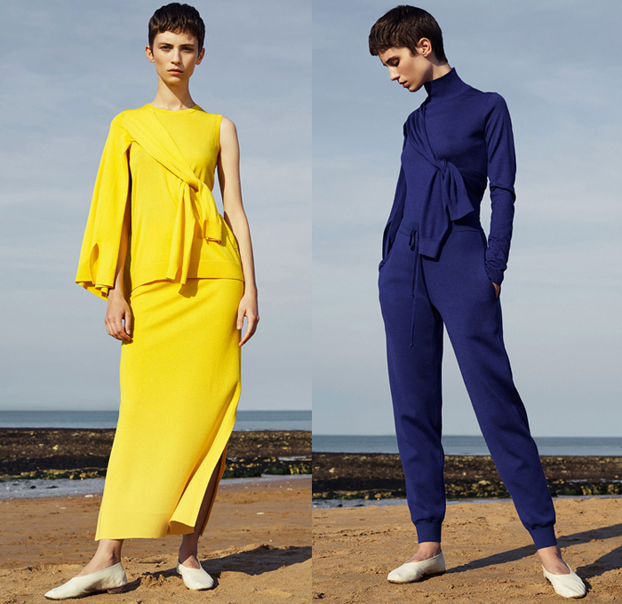 Pringle of Scotland 2018 Resort Cruise Pre-Spring Womens Lookbook Presentation - Rainwear Parka Plastic Hood Robe Coat Outerwear Turtleneck 1960s Sixties Mod Oversized Chunky Crochet Weave Knit Sweater Jumper Solid Primary Colors Flowers Floral Botanical Print Graphic Stripes Long Back Tie Up Knot Maxi Dress Asymmetrical Hem Accordion Pleats Skirt Frock Jogger Sweatpants Ballet Flats Shoes