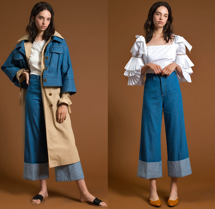 Sea New York 2018 Resort Cruise Pre-Spring Womens Lookbook Presentation - Tailored Denim Jeans Trucker Jacket Wide Leg Trousers Palazzo Pants Cropped Roll Up High Waist Onesie Jumpsuit Coveralls Frayed Raw Hem Wide Belt Shirtdress Outerwear Trench Coat Long Sleeve Blouse Shirt Tunic Bustier Accordion Pleats Ruffles Frills Ruche Flounce Bell Sleeves Mesh Lace Needlework Plaid Tartan Check Gingham Tie Up Knot Ribbon Lace Up Shoelace Drawstring Peasant Prairie Dress Strapless Open Shoulders Capelet Soutane Priest Chaplain Collar Patchwork Knit Ornamental Decorative Art Embroidery Tassels Flowers Floral Leaves Foliage Midi Skirt Slippers Flats Ballet Shoes 