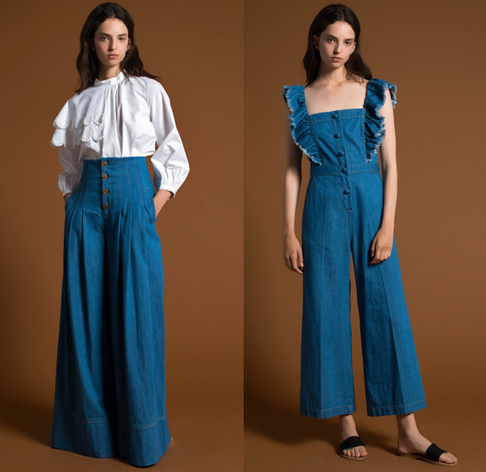 Sea New York 2018 Resort Cruise Pre-Spring Womens Lookbook Presentation - Tailored Denim Jeans Trucker Jacket Wide Leg Trousers Palazzo Pants Cropped Roll Up High Waist Onesie Jumpsuit Coveralls Frayed Raw Hem Wide Belt Shirtdress Outerwear Trench Coat Long Sleeve Blouse Shirt Tunic Bustier Accordion Pleats Ruffles Frills Ruche Flounce Bell Sleeves Mesh Lace Needlework Plaid Tartan Check Gingham Tie Up Knot Ribbon Lace Up Shoelace Drawstring Peasant Prairie Dress Strapless Open Shoulders Capelet Soutane Priest Chaplain Collar Patchwork Knit Ornamental Decorative Art Embroidery Tassels Flowers Floral Leaves Foliage Midi Skirt Slippers Flats Ballet Shoes 