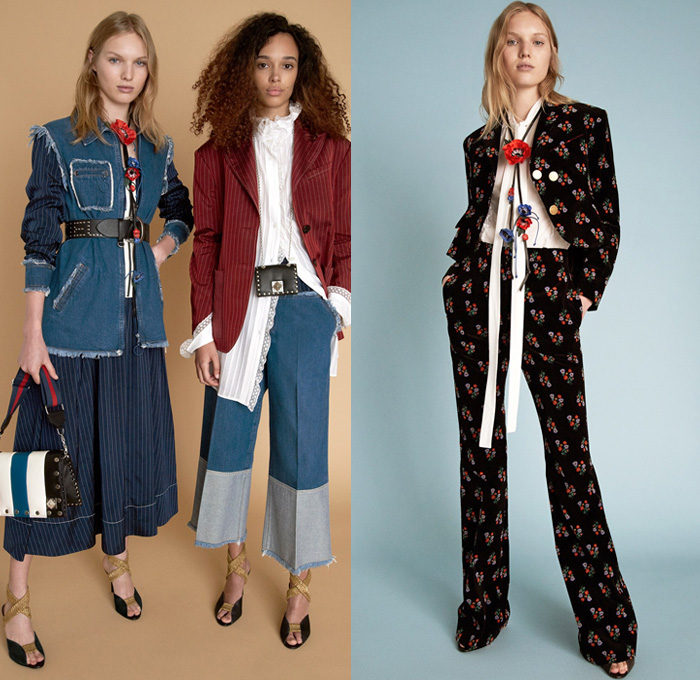 Sonia Rykiel 2018 Resort Cruise Pre-Spring Womens Lookbook Presentation - Parisienne California Pinstripe Blazer Jacket Pantsuit Long Sleeve Blouse Shirt Cardigan Parka Outerwear Trench Coat 3D Flowers Floral Leaves Foliage Print Graphic Lace Embroidery Chunky Knit Sweater Jumper Crochet Basketweave Fringes Threads Plaid Tartan Check Plastic Coated Ruffled Collar Mohair Fur Plush Tweed Wool Zipper Midi Skirt Peasant Dress Cargo Pockets Paper Bag Waist Shirtdress Shortall Combishorts Romper Onesie Playsuit Denim Jeans Vest Frayed Raw Hem Patchwork Cropped Wide Leg Trousers Palazzo Pants Flare Bell Bottom 1970s Seventies Bohemian Micro Mini Bag Metallic Studs Lanyard Purse Tote Mesh Travel Picnic Bag Pumps Heels