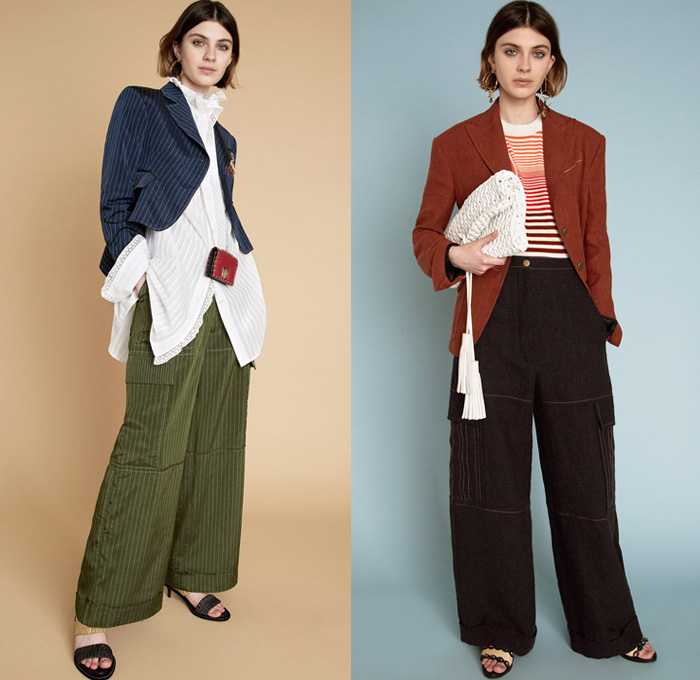 Sonia Rykiel 2018 Resort Cruise Pre-Spring Womens Lookbook Presentation - Parisienne California Pinstripe Blazer Jacket Pantsuit Long Sleeve Blouse Shirt Cardigan Parka Outerwear Trench Coat 3D Flowers Floral Leaves Foliage Print Graphic Lace Embroidery Chunky Knit Sweater Jumper Crochet Basketweave Fringes Threads Plaid Tartan Check Plastic Coated Ruffled Collar Mohair Fur Plush Tweed Wool Zipper Midi Skirt Peasant Dress Cargo Pockets Paper Bag Waist Shirtdress Shortall Combishorts Romper Onesie Playsuit Denim Jeans Vest Frayed Raw Hem Patchwork Cropped Wide Leg Trousers Palazzo Pants Flare Bell Bottom 1970s Seventies Bohemian Micro Mini Bag Metallic Studs Lanyard Purse Tote Mesh Travel Picnic Bag Pumps Heels