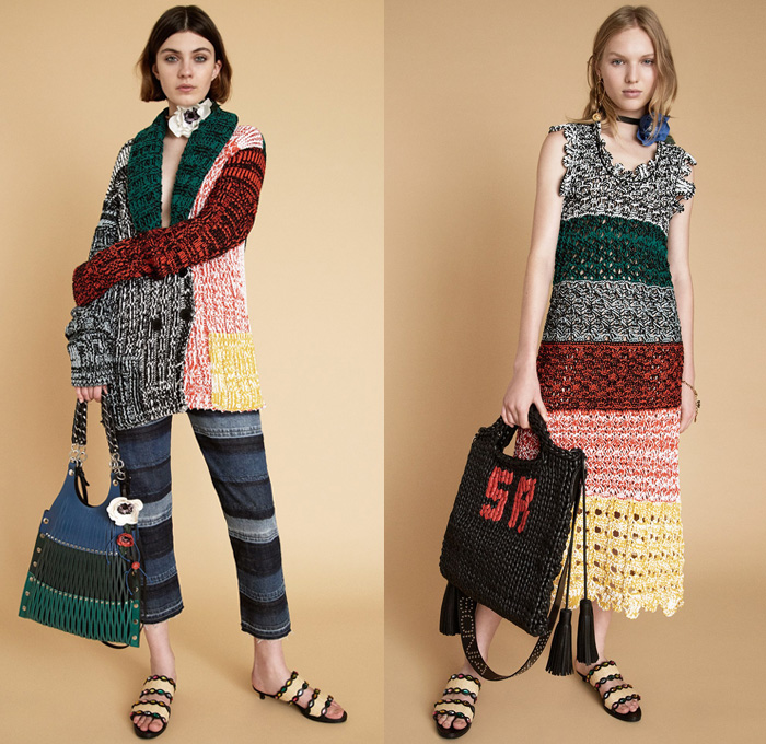 Sonia Rykiel 2018 Resort Cruise Pre-Spring Womens Lookbook Presentation - Parisienne California Pinstripe Blazer Jacket Pantsuit Long Sleeve Blouse Shirt Cardigan Parka Outerwear Trench Coat 3D Flowers Floral Leaves Foliage Print Graphic Lace Embroidery Chunky Knit Sweater Jumper Crochet Basketweave Fringes Threads Plaid Tartan Check Plastic Coated Ruffled Collar Mohair Fur Plush Tweed Wool Zipper Midi Skirt Peasant Dress Cargo Pockets Paper Bag Waist Shirtdress Shortall Combishorts Romper Onesie Playsuit Denim Jeans Vest Frayed Raw Hem Patchwork Cropped Wide Leg Trousers Palazzo Pants Flare Bell Bottom 1970s Seventies Bohemian Micro Mini Bag Metallic Studs Lanyard Purse Tote Mesh Travel Picnic Bag Pumps Heels