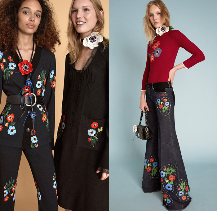 Sonia Rykiel 2018 Resort Cruise Pre-Spring Womens Lookbook Presentation - Parisienne California Pinstripe Blazer Jacket Pantsuit Long Sleeve Blouse Shirt Cardigan Parka Outerwear Trench Coat 3D Flowers Floral Leaves Foliage Print Graphic Lace Embroidery Chunky Knit Sweater Jumper Crochet Basketweave Fringes Threads Plaid Tartan Check Plastic Coated Ruffled Collar Mohair Fur Plush Tweed Wool Zipper Midi Skirt Peasant Dress Cargo Pockets Paper Bag Waist Shirtdress Shortall Combishorts Romper Onesie Playsuit Denim Jeans Vest Frayed Raw Hem Patchwork Cropped Wide Leg Trousers Palazzo Pants Flare Bell Bottom 1970s Seventies Bohemian Micro Mini Bag Metallic Studs Lanyard Purse Tote Mesh Travel Picnic Bag Pumps Heels