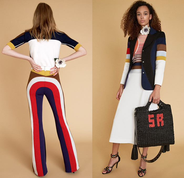 Sonia Rykiel 2018 Resort Cruise Pre-Spring Womens Lookbook Presentation - Parisienne California Pinstripe Blazer Jacket Pantsuit Long Sleeve Blouse Shirt Cardigan Parka Outerwear Trench Coat 3D Flowers Floral Leaves Foliage Print Graphic Lace Embroidery Chunky Knit Sweater Jumper Crochet Basketweave Fringes Threads Plaid Tartan Check Plastic Coated Ruffled Collar Mohair Fur Plush Tweed Wool Zipper Midi Skirt Peasant Dress Cargo Pockets Paper Bag Waist Shirtdress Shortall Combishorts Romper Onesie Playsuit Denim Jeans Vest Frayed Raw Hem Patchwork Cropped Wide Leg Trousers Palazzo Pants Flare Bell Bottom 1970s Seventies Bohemian Micro Mini Bag Metallic Studs Lanyard Purse Tote Mesh Travel Picnic Bag Pumps Heels