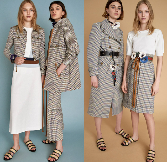 Sonia Rykiel 2018 Resort Cruise Pre-Spring Womens Lookbook Presentation - Parisienne California Pinstripe Blazer Jacket Pantsuit Long Sleeve Blouse Shirt Cardigan Parka Outerwear Trench Coat 3D Flowers Floral Leaves Foliage Print Graphic Lace Embroidery Chunky Knit Sweater Jumper Crochet Basketweave Fringes Threads Plaid Tartan Check Plastic Coated Ruffled Collar Mohair Fur Plush Tweed Wool Zipper Midi Skirt Peasant Dress Cargo Pockets Paper Bag Waist Shirtdress Shortall Combishorts Romper Onesie Playsuit Denim Jeans Vest Frayed Raw Hem Patchwork Cropped Wide Leg Trousers Palazzo Pants Flare Bell Bottom 1970s Seventies Bohemian Micro Mini Bag Metallic Studs Lanyard Purse Tote Mesh Travel Picnic Bag Pumps Heels