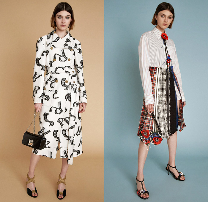 Sonia Rykiel 2018 Resort Cruise Pre-Spring Womens Lookbook Presentation - Parisienne California Pinstripe Blazer Jacket Pantsuit Long Sleeve Blouse Shirt Cardigan Parka Outerwear Trench Coat 3D Flowers Floral Leaves Foliage Print Graphic Lace Embroidery Chunky Knit Sweater Jumper Crochet Basketweave Fringes Threads Plaid Tartan Check Plastic Coated Ruffled Collar Mohair Fur Plush Tweed Wool Zipper Midi Skirt Peasant Dress Cargo Pockets Paper Bag Waist Shirtdress Shortall Combishorts Romper Onesie Playsuit Denim Jeans Vest Frayed Raw Hem Patchwork Cropped Wide Leg Trousers Palazzo Pants Flare Bell Bottom 1970s Seventies Bohemian Micro Mini Bag Metallic Studs Lanyard Purse Tote Mesh Travel Picnic Bag Pumps Heels