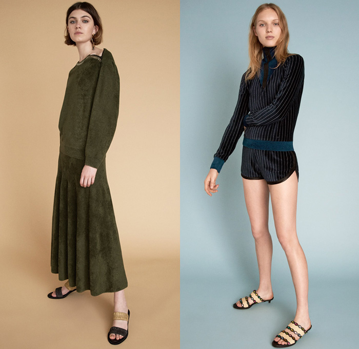 Sonia Rykiel 2018 Resort Cruise Pre-Spring Womens Lookbook Presentation - Parisienne California Pinstripe Blazer Jacket Pantsuit Long Sleeve Blouse Shirt Cardigan Parka Outerwear Trench Coat 3D Flowers Floral Leaves Foliage Print Graphic Lace Embroidery Chunky Knit Sweater Jumper Crochet Basketweave Fringes Threads Plaid Tartan Check Plastic Coated Ruffled Collar Mohair Fur Plush Tweed Wool Zipper Midi Skirt Peasant Dress Cargo Pockets Paper Bag Waist Shirtdress Shortall Combishorts Romper Onesie Playsuit Denim Jeans Vest Frayed Raw Hem Patchwork Cropped Wide Leg Trousers Palazzo Pants Flare Bell Bottom 1970s Seventies Bohemian Micro Mini Bag Metallic Studs Lanyard Purse Tote Mesh Travel Picnic Bag Pumps Heels