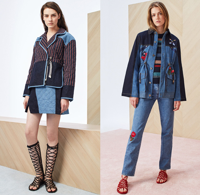 Tanya Taylor 2018 Resort Cruise Pre-Spring Womens Lookbook Presentation - Denim Jeans Panels Patchwork Quilted Waffle Stripes Toggle Drawstring Frayed Raw Hem Mix Match Mash Up Flowers Floral Botanical Print Graphic Embroidery Lace Up Ruffles Pleats Cinch Lace Mesh Stitch Fringes Threads Tie Up Waist Knot Ribbon Crochet Knit Sweater Jumper Strapless Maxi Dress Cutout One Shoulder Long Sleeve Blouse Shirt Outerwear Jacket Blazer Kimono Wrap Robe Field Utility Jacket Fatigues Cargo Pockets Miniskirt Wide Leg Trousers Palazzo Pants Flare Bell Bottoms Tuxedo Stripe High Slit Skirt Frock Gladiator Sandals Footwear 