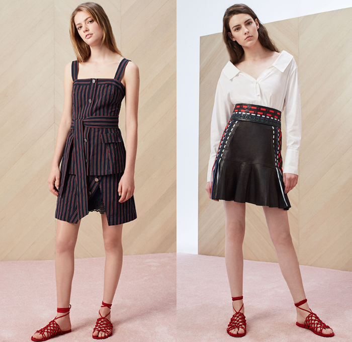 Tanya Taylor 2018 Resort Cruise Pre-Spring Womens Lookbook Presentation - Denim Jeans Panels Patchwork Quilted Waffle Stripes Toggle Drawstring Frayed Raw Hem Mix Match Mash Up Flowers Floral Botanical Print Graphic Embroidery Lace Up Ruffles Pleats Cinch Lace Mesh Stitch Fringes Threads Tie Up Waist Knot Ribbon Crochet Knit Sweater Jumper Strapless Maxi Dress Cutout One Shoulder Long Sleeve Blouse Shirt Outerwear Jacket Blazer Kimono Wrap Robe Field Utility Jacket Fatigues Cargo Pockets Miniskirt Wide Leg Trousers Palazzo Pants Flare Bell Bottoms Tuxedo Stripe High Slit Skirt Frock Gladiator Sandals Footwear 