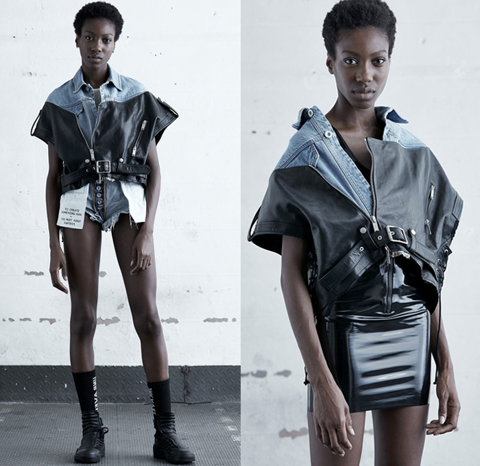 Unravel Project 2018 Resort Cruise Pre-Spring Womens Lookbook Presentation Ben Taverniti Joyce Bonelli - Destroyed Destructed Ripped Holes Frayed Raw Hem Denim Jeans Shorts Cutoffs Daisy Dukes Skinny Flare Cropped Bomberdenim Peplum Lace Up Cross Stitch Outerwear Trench Coat Rainwear Plastic Translucent Frankenstein High Padded Shoulders Motorcycle Biker Rider Leather Jacket Straps Belts Chunky Knit Sweater Jumper Ribbed Hood Bomber Jacket Zipper Tanktop Long Sleeve Blouse Shirt Crop Top Midriff One Shoulder Hybrid Combo Panel PVC Vinyl Pleather Streetwear Plaid Tartan Check Layers Miniskirt Moto Pants Boots High Tops Sneakers