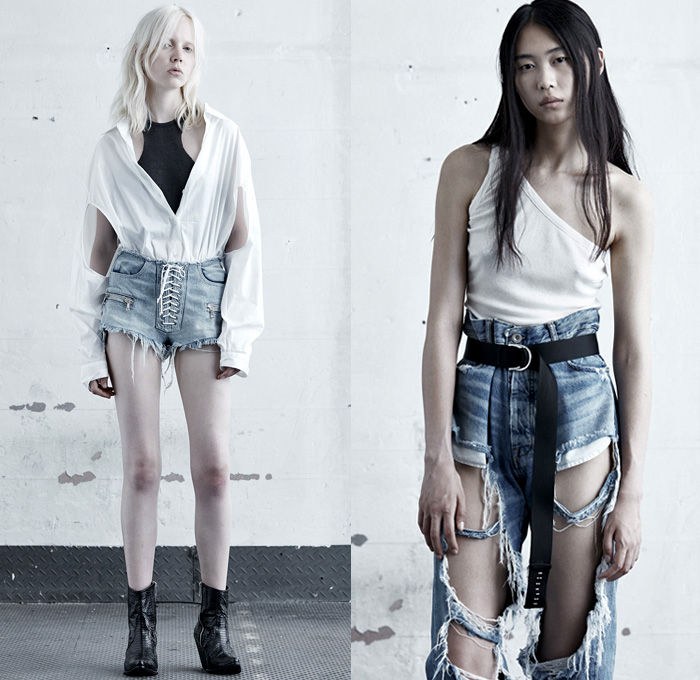 Unravel Project 2018 Resort Cruise Pre-Spring Womens Lookbook Presentation Ben Taverniti Joyce Bonelli - Destroyed Destructed Ripped Holes Frayed Raw Hem Denim Jeans Shorts Cutoffs Daisy Dukes Skinny Flare Cropped Bomberdenim Peplum Lace Up Cross Stitch Outerwear Trench Coat Rainwear Plastic Translucent Frankenstein High Padded Shoulders Motorcycle Biker Rider Leather Jacket Straps Belts Chunky Knit Sweater Jumper Ribbed Hood Bomber Jacket Zipper Tanktop Long Sleeve Blouse Shirt Crop Top Midriff One Shoulder Hybrid Combo Panel PVC Vinyl Pleather Streetwear Plaid Tartan Check Layers Miniskirt Moto Pants Boots High Tops Sneakers