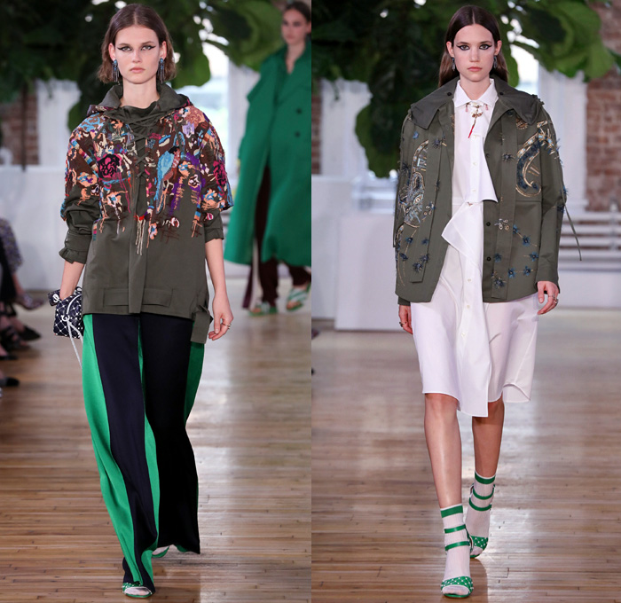 Valentino 2018 Resort Cruise Pre-Spring Womens Runway Catwalk Looks Collection - Knit Crochet Threads Weave Fringes Embroidery Adornments Decorated Bedazzled Pop Art Lipstick Lace Ornamental Decorative Art Tribal Ethnic Folk Metallic Studs Sequins Flowers Floral Roses Leaves Foliage Motif Outerwear Trench Coat Anorak Windbreaker Track Jacket Bomber Jacket Shaggy Plush Fur Leather Turtleneck Sweater Jumper Blouse Shirtdress Maxi Dress Goddess Gown Eveningwear Noodle Spaghetti Strap Sheer Chiffon Organza Skirt Frock Accordion Pleats Silk Satin Denim Jeans Cutout Cuffs Slouchy Buttons Wide Leg Trousers Palazzo Pants Slippers Tote Bag Socks High Heels Sneakers Trainers Fanny Pack Waist Pouch Belt Bag