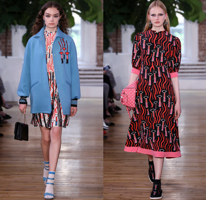 Valentino 2018 Resort Cruise Pre-Spring Womens Runway Catwalk Looks Collection - Knit Crochet Threads Weave Fringes Embroidery Adornments Decorated Bedazzled Pop Art Lipstick Lace Ornamental Decorative Art Tribal Ethnic Folk Metallic Studs Sequins Flowers Floral Roses Leaves Foliage Motif Outerwear Trench Coat Anorak Windbreaker Track Jacket Bomber Jacket Shaggy Plush Fur Leather Turtleneck Sweater Jumper Blouse Shirtdress Maxi Dress Goddess Gown Eveningwear Noodle Spaghetti Strap Sheer Chiffon Organza Skirt Frock Accordion Pleats Silk Satin Denim Jeans Cutout Cuffs Slouchy Buttons Wide Leg Trousers Palazzo Pants Slippers Tote Bag Socks High Heels Sneakers Trainers Fanny Pack Waist Pouch Belt Bag