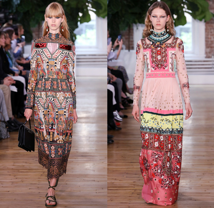 Valentino 2018 Resort Cruise Pre-Spring Womens Runway Catwalk Looks Collection - Knit Crochet Threads Weave Fringes Embroidery Adornments Decorated Bedazzled Pop Art Lipstick Lace Ornamental Decorative Art Tribal Ethnic Folk Metallic Studs Sequins Flowers Floral Roses Leaves Foliage Motif Outerwear Trench Coat Anorak Windbreaker Track Jacket Bomber Jacket Shaggy Plush Fur Leather Turtleneck Sweater Jumper Blouse Shirtdress Maxi Dress Goddess Gown Eveningwear Noodle Spaghetti Strap Sheer Chiffon Organza Skirt Frock Accordion Pleats Silk Satin Denim Jeans Cutout Cuffs Slouchy Buttons Wide Leg Trousers Palazzo Pants Slippers Tote Bag Socks High Heels Sneakers Trainers Fanny Pack Waist Pouch Belt Bag