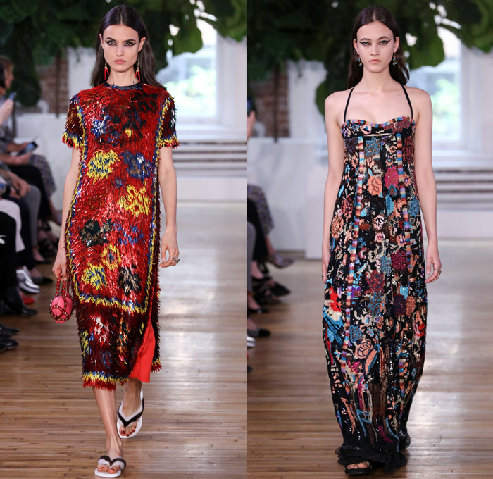 Valentino 2018 Resort Cruise Pre-Spring Womens Runway Catwalk Looks Collection - Knit Crochet Threads Weave Fringes Embroidery Adornments Decorated Bedazzled Pop Art Lipstick Lace Ornamental Decorative Art Tribal Ethnic Folk Metallic Studs Sequins Flowers Floral Roses Leaves Foliage Motif Outerwear Trench Coat Anorak Windbreaker Track Jacket Bomber Jacket Shaggy Plush Fur Leather Turtleneck Sweater Jumper Blouse Shirtdress Maxi Dress Goddess Gown Eveningwear Noodle Spaghetti Strap Sheer Chiffon Organza Skirt Frock Accordion Pleats Silk Satin Denim Jeans Cutout Cuffs Slouchy Buttons Wide Leg Trousers Palazzo Pants Slippers Tote Bag Socks High Heels Sneakers Trainers Fanny Pack Waist Pouch Belt Bag