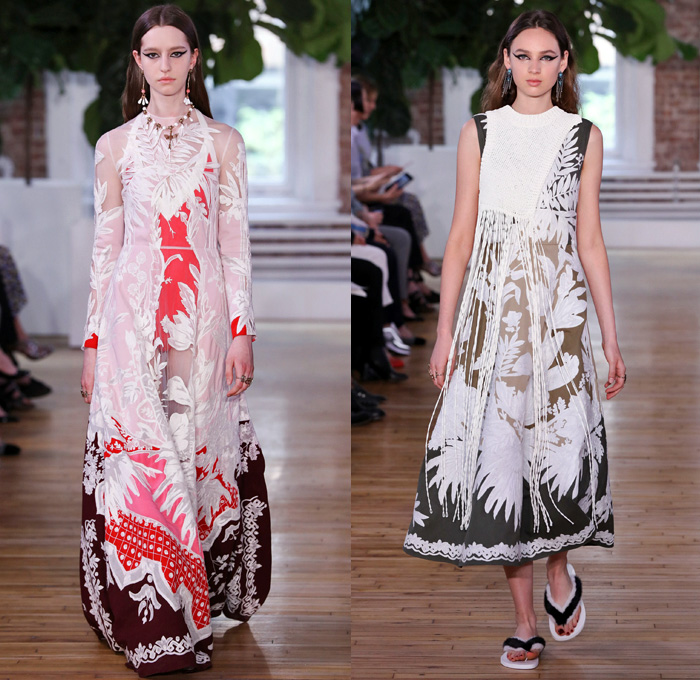 Valentino 2018 Resort Cruise Pre-Spring Womens Runway Catwalk Looks Collection - Knit Crochet Threads Weave Fringes Embroidery Adornments Decorated Bedazzled Pop Art Lipstick Lace Ornamental Decorative Art Tribal Ethnic Folk Metallic Studs Sequins Flowers Floral Roses Leaves Foliage Motif Outerwear Trench Coat Anorak Windbreaker Track Jacket Bomber Jacket Shaggy Plush Fur Leather Turtleneck Sweater Jumper Blouse Shirtdress Maxi Dress Goddess Gown Eveningwear Noodle Spaghetti Strap Sheer Chiffon Organza Skirt Frock Accordion Pleats Silk Satin Denim Jeans Cutout Cuffs Slouchy Buttons Wide Leg Trousers Palazzo Pants Slippers Tote Bag Socks High Heels Sneakers Trainers Fanny Pack Waist Pouch Belt Bag