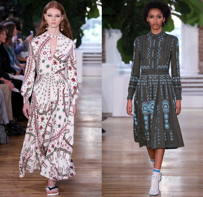 Valentino 2018 Resort Cruise Pre-Spring Womens Runway Catwalk Looks Collection - Knit Crochet Threads Weave Fringes Embroidery Adornments Decorated Bedazzled Pop Art Lipstick Lace Ornamental Decorative Art Tribal Ethnic Folk Metallic Studs Sequins Flowers Floral Roses Leaves Foliage Motif Outerwear Trench Coat Anorak Windbreaker Track Jacket Bomber Jacket Shaggy Plush Fur Leather Turtleneck Sweater Jumper Blouse Shirtdress Maxi Dress Goddess Gown Eveningwear Noodle Spaghetti Strap Sheer Chiffon Organza Skirt Frock Accordion Pleats Silk Satin Denim Jeans Cutout Cuffs Slouchy Buttons Wide Leg Trousers Palazzo Pants Slippers Tote Bag Socks High Heels Sneakers Trainers Fanny Pack Waist Pouch Belt Bag